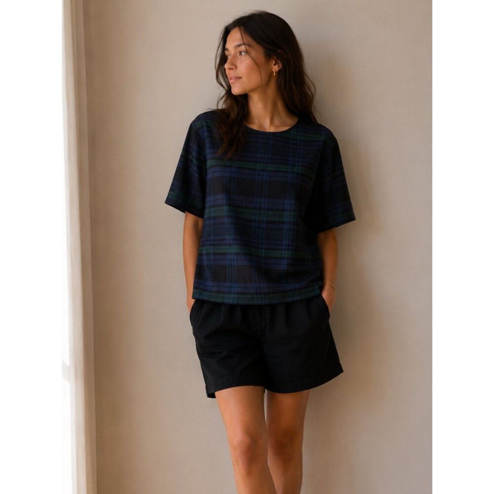 COS Blackwatch Plaid Oversized Cotton Top Women’s S Navy Green Check Boxy Minima